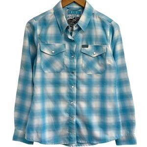 Dixxon Flannel Shirt Women's Medium Classics Redefined  Blue White Pearl Snap